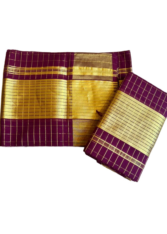 Kerala Cotton Handloom Maroon Set Mundu With Check Desgin On The Body 2.80 Mtrs (With Blouse Piece) SL630