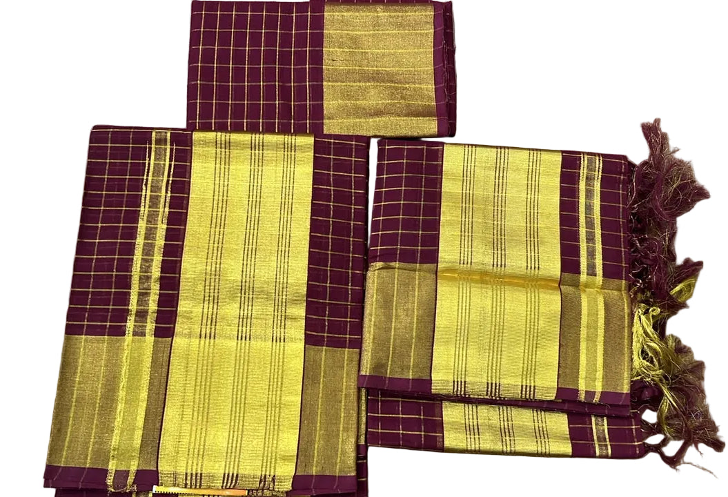 Kerala Cotton Handloom Maroon Set Mundu With Check Desgin On The Body 2.80 Mtrs (With Blouse Piece) SL630