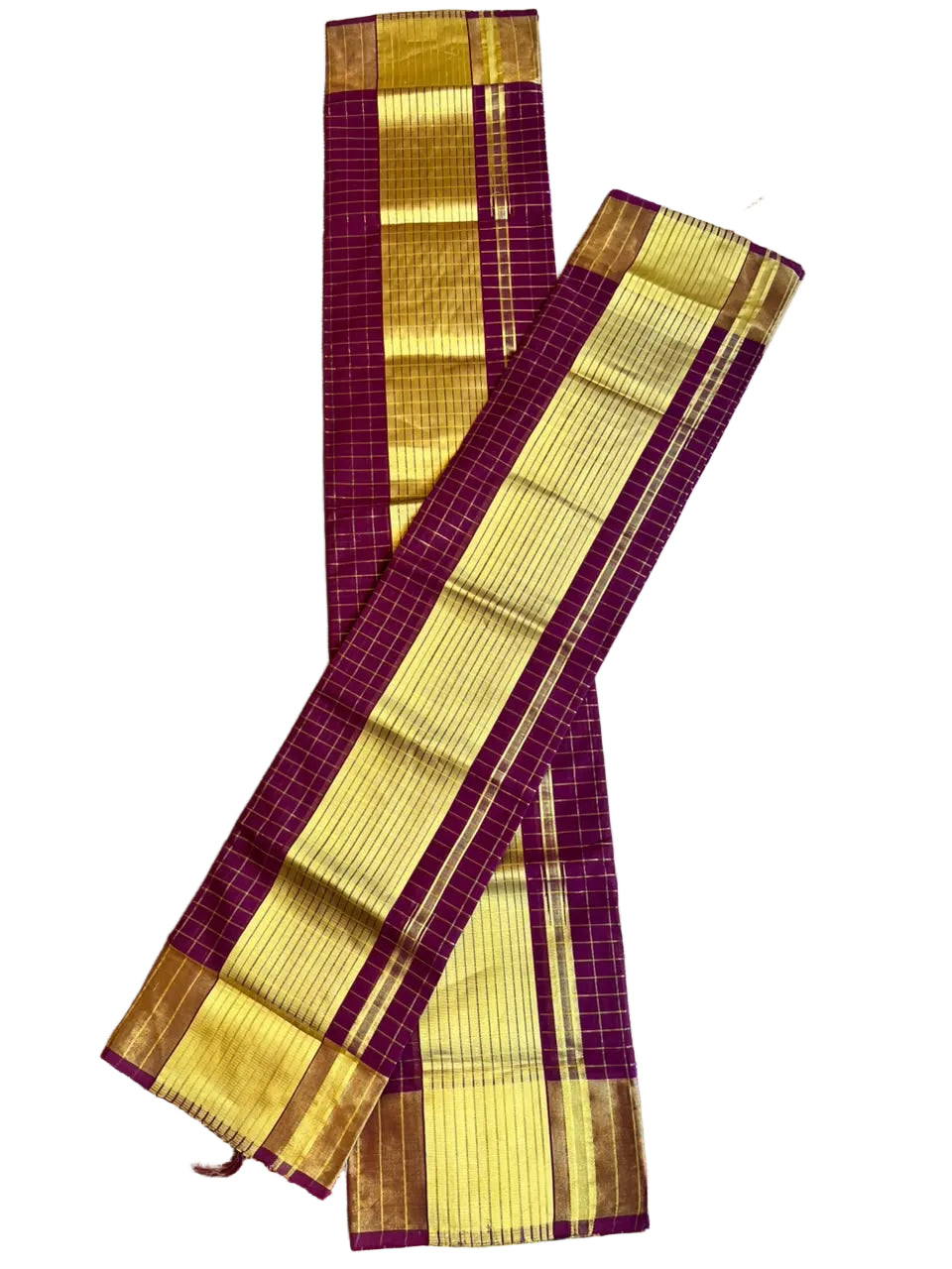 Kerala Cotton Handloom Maroon Set Mundu With Check Desgin On The Body 2.80 Mtrs (With Blouse Piece) SL630