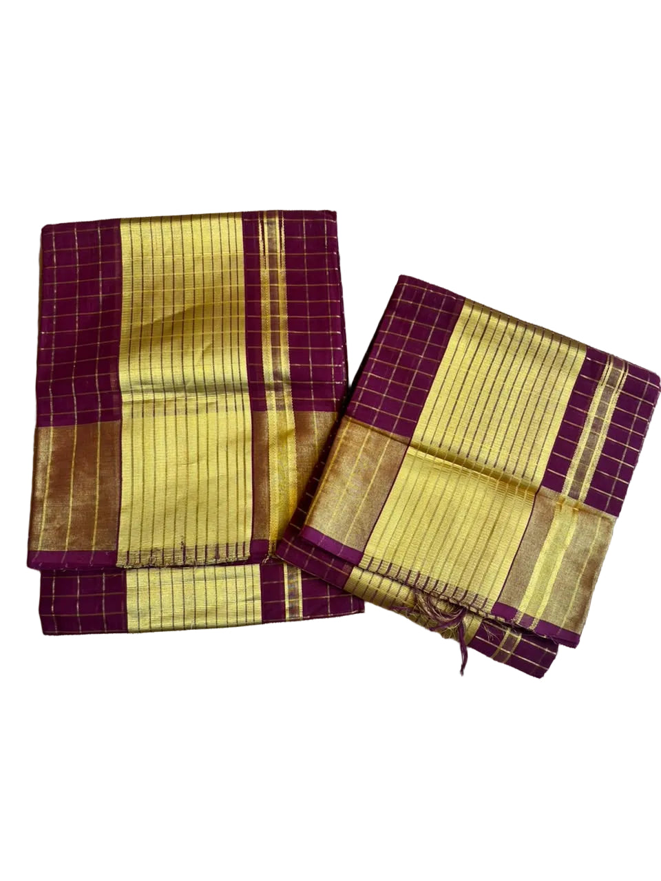 Kerala Cotton Handloom Maroon Set Mundu With Check Desgin On The Body 2.80 Mtrs (With Blouse Piece) SL630