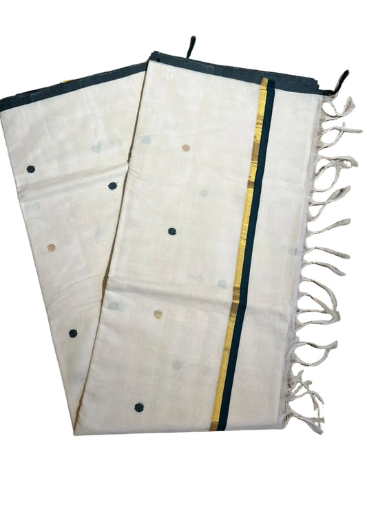 Southloom Kerala Cotton Handloom Saree With Green And Gold Polka Dot On The Body SL629