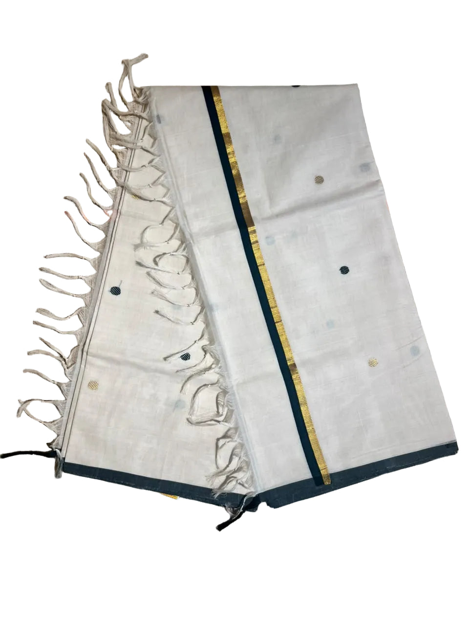 Southloom Kerala Cotton Handloom Saree With Green And Gold Polka Dot On The Body SL629