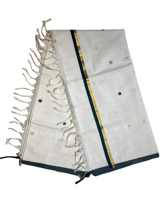 Southloom Kerala Cotton Handloom Saree With Green And Gold Polka Dot On The Body SL629