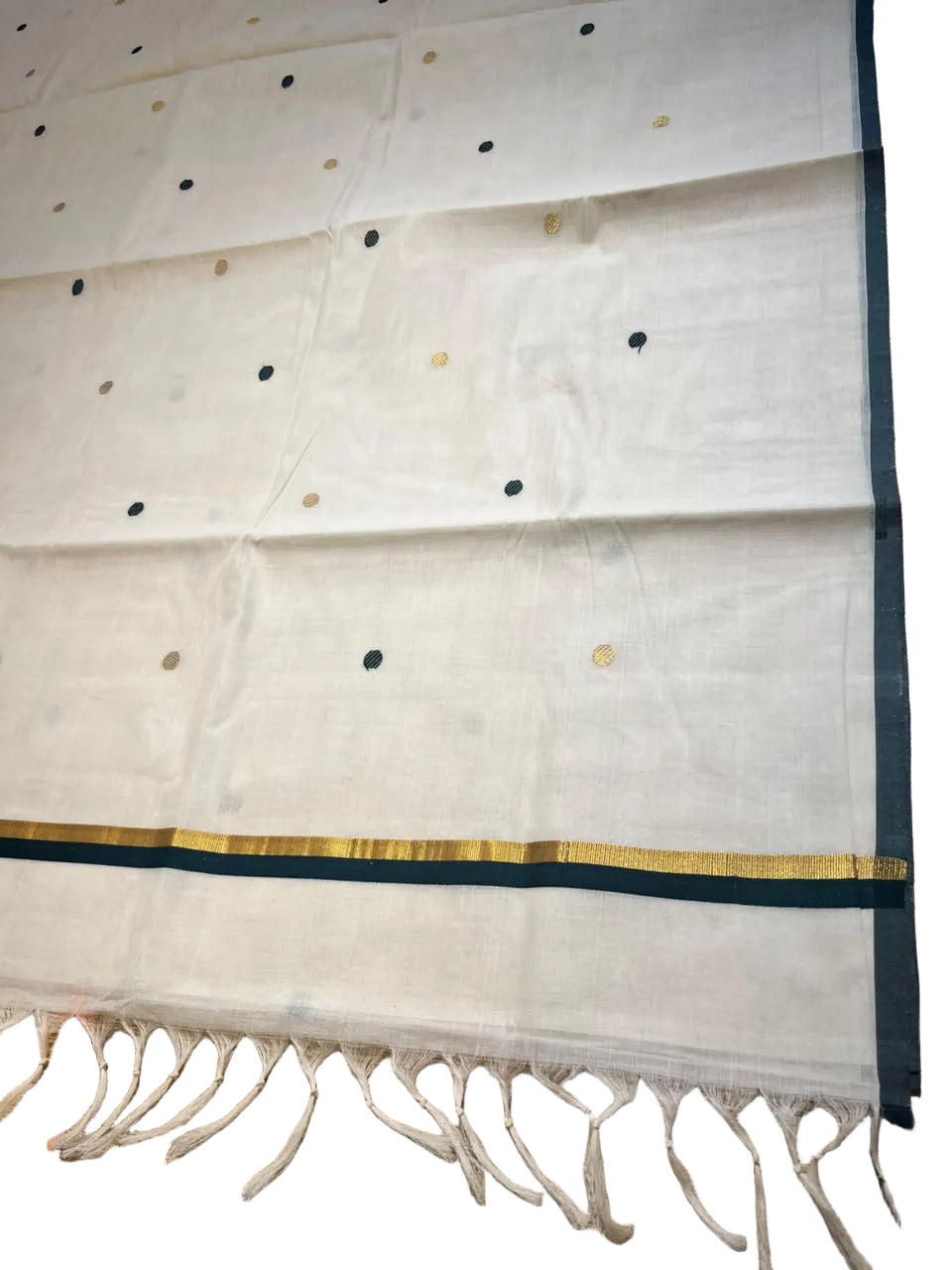 Southloom Kerala Cotton Handloom Saree With Green And Gold Polka Dot On The Body SL629