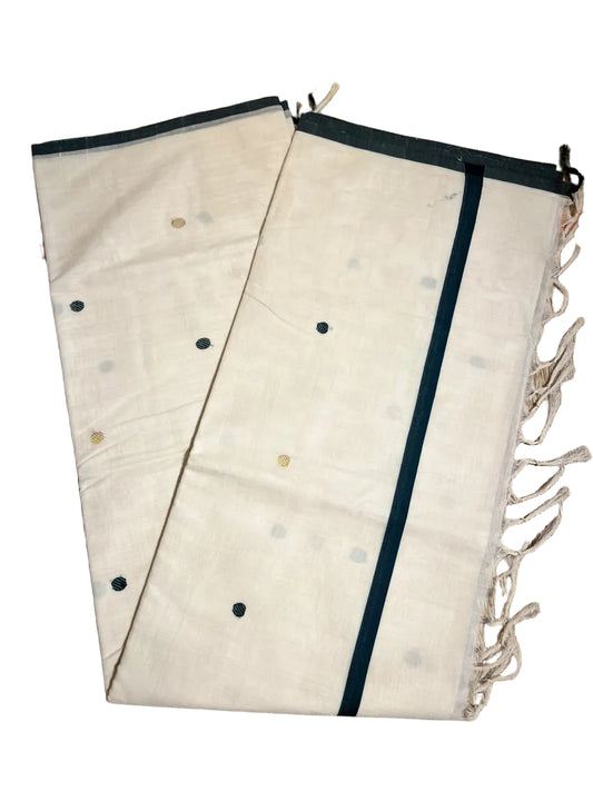 Southloom Kerala Cotton Handloom Saree With Green And Gold Polka Dot On The Body SL629