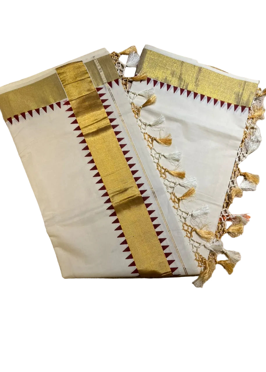 Southloom Kerala Cotton Kasavu Saree With Maroon Temple Border And Tassels