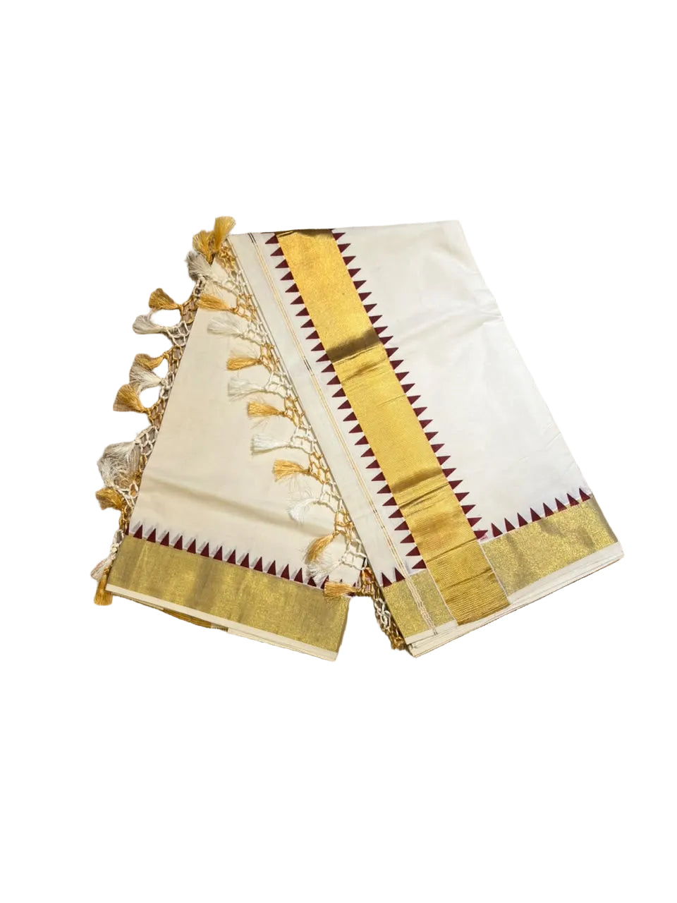 Southloom Kerala Cotton Kasavu Saree With Maroon Temple Border And Tassels