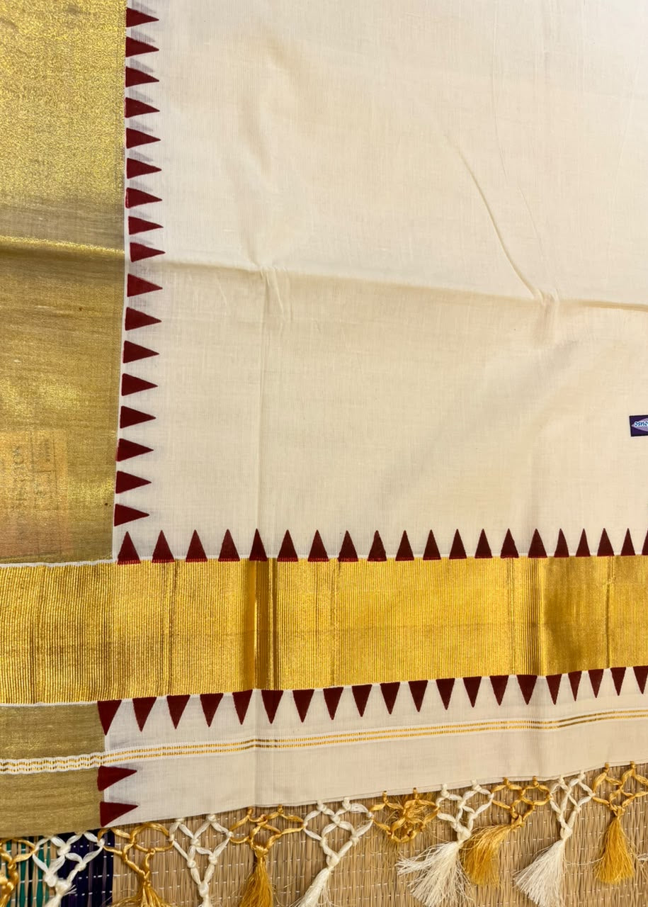 Southloom Kerala Cotton Kasavu Saree With Maroon Temple Border And Tassels