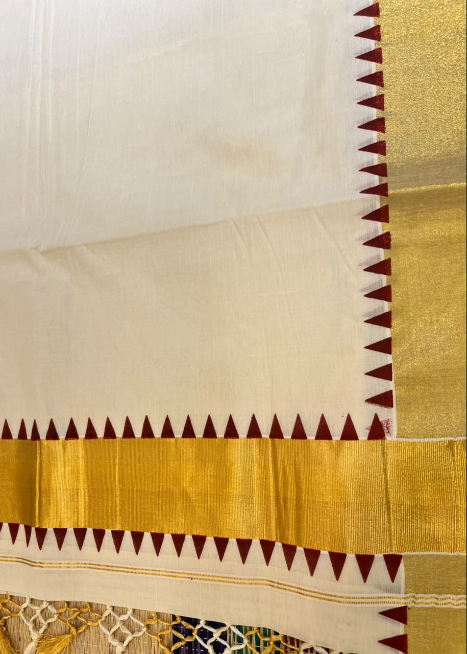 Southloom Kerala Cotton Kasavu Saree With Maroon Temple Border And Tassels