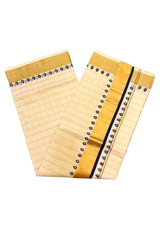 Southloom Kerala Cotton Kasavu Saree With Check Design On Body And Blue Prints On Borders
