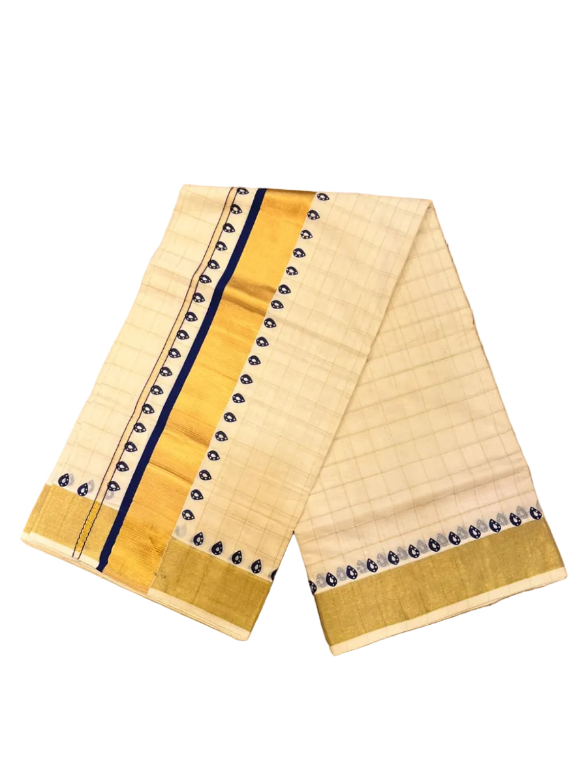 Southloom Kerala Cotton Kasavu Saree With Check Design On Body And Blue Prints On Borders