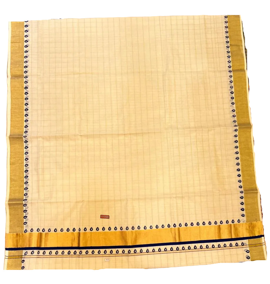 Southloom Kerala Cotton Kasavu Saree With Check Design On Body And Blue Prints On Borders