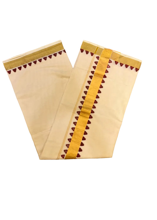 Southloom Kerala Cotton Kasavu Saree With Maroon Temple Design on Borders