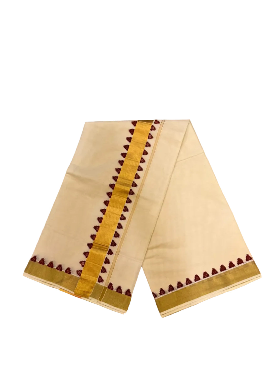 Southloom Kerala Cotton Kasavu Saree With Maroon Temple Design on Borders