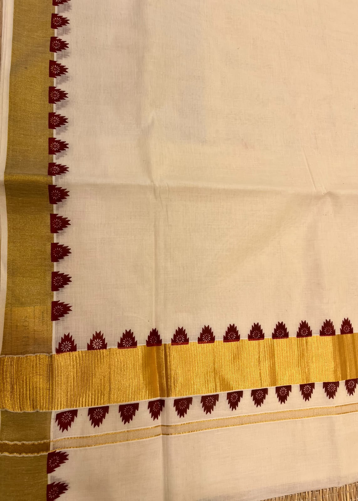 Southloom Kerala Cotton Kasavu Saree With Maroon Temple Design on Borders