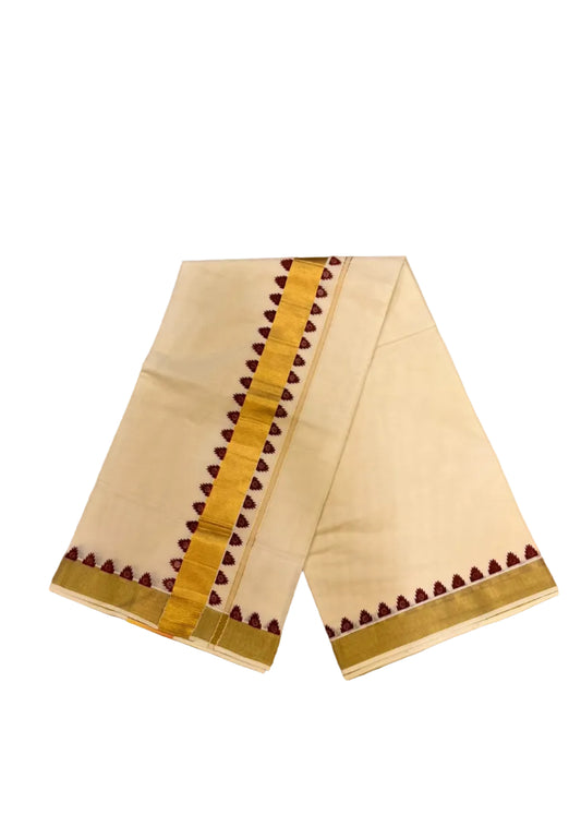 Southloom Kerala Cotton Kasavu Saree With Maroon Temple Design on Borders