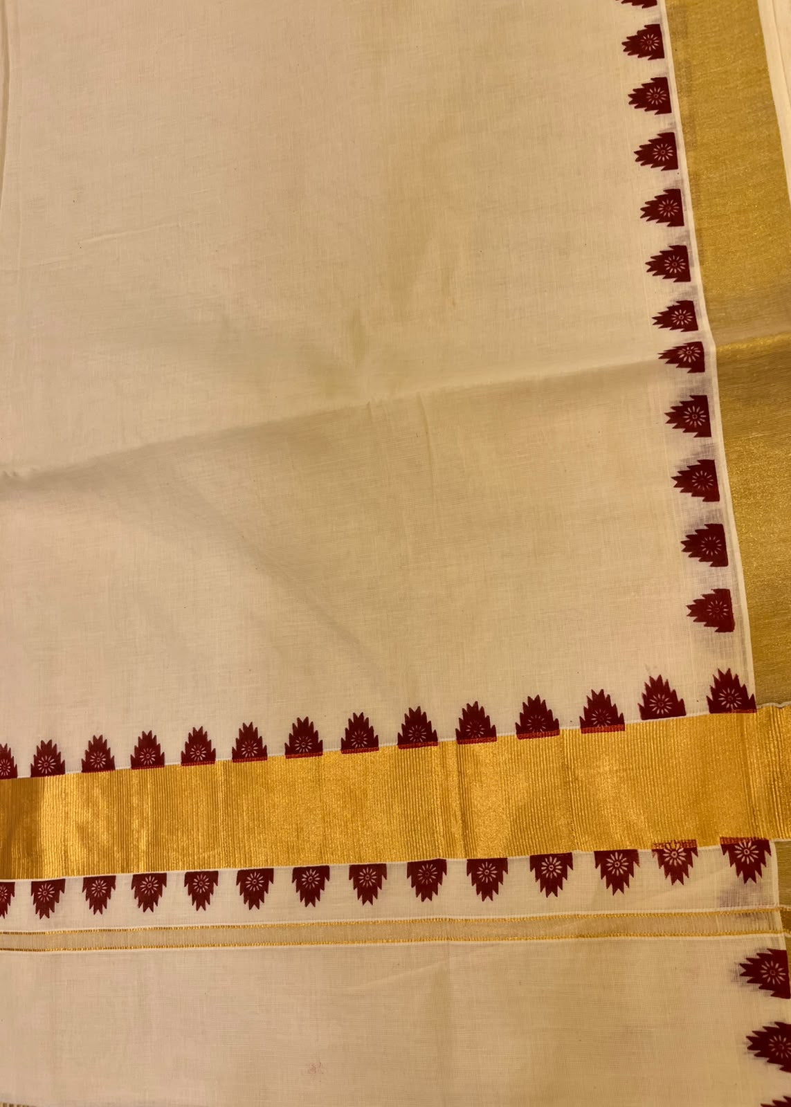Southloom Kerala Cotton Kasavu Saree With Maroon Temple Design on Borders
