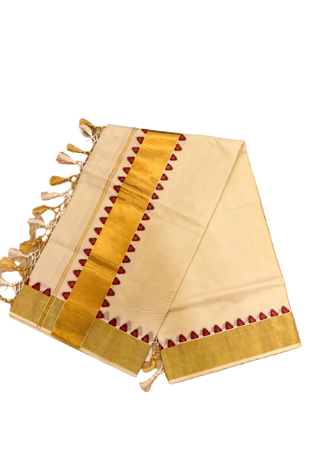 Southloom  Kerala Cotton  Kasavu Saree With Maroon Temple Border And Tassels