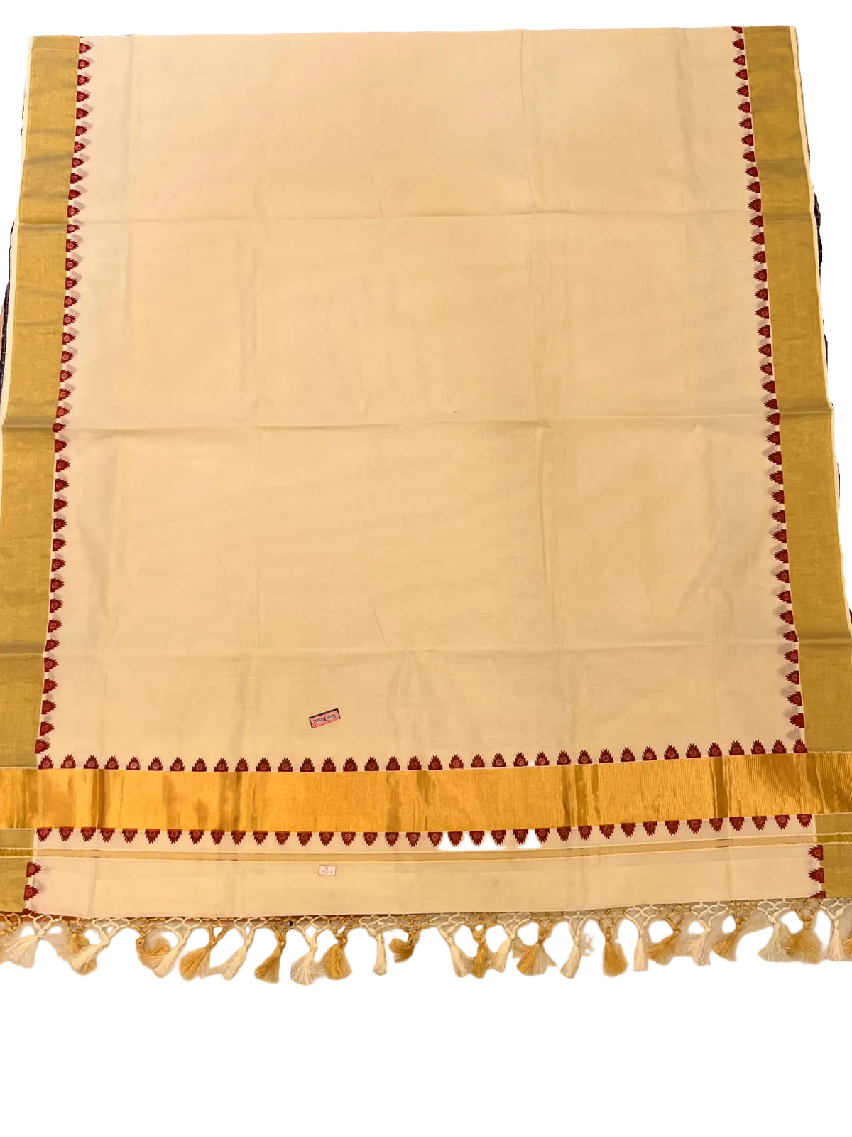 Southloom  Kerala Cotton  Kasavu Saree With Maroon Temple Border And Tassels
