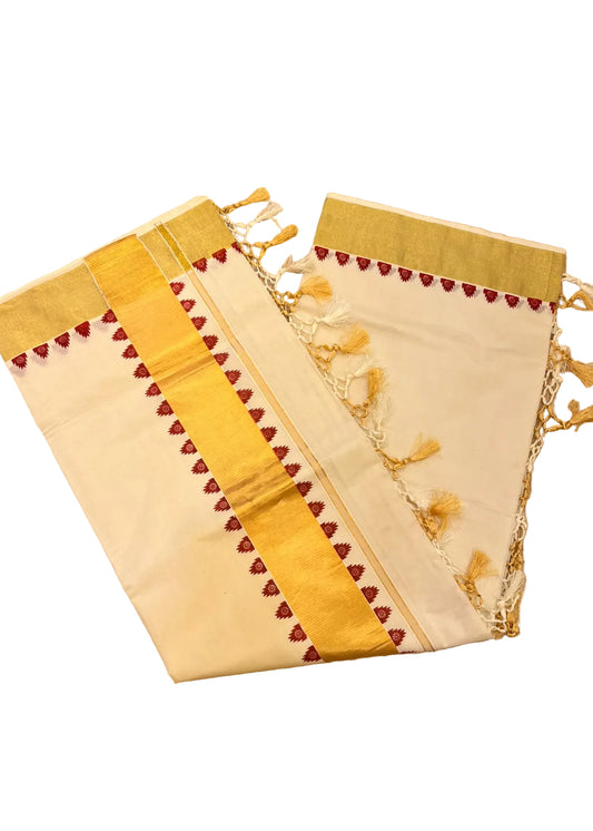 Southloom  Kerala Cotton  Kasavu Saree With Maroon Temple Border And Tassels