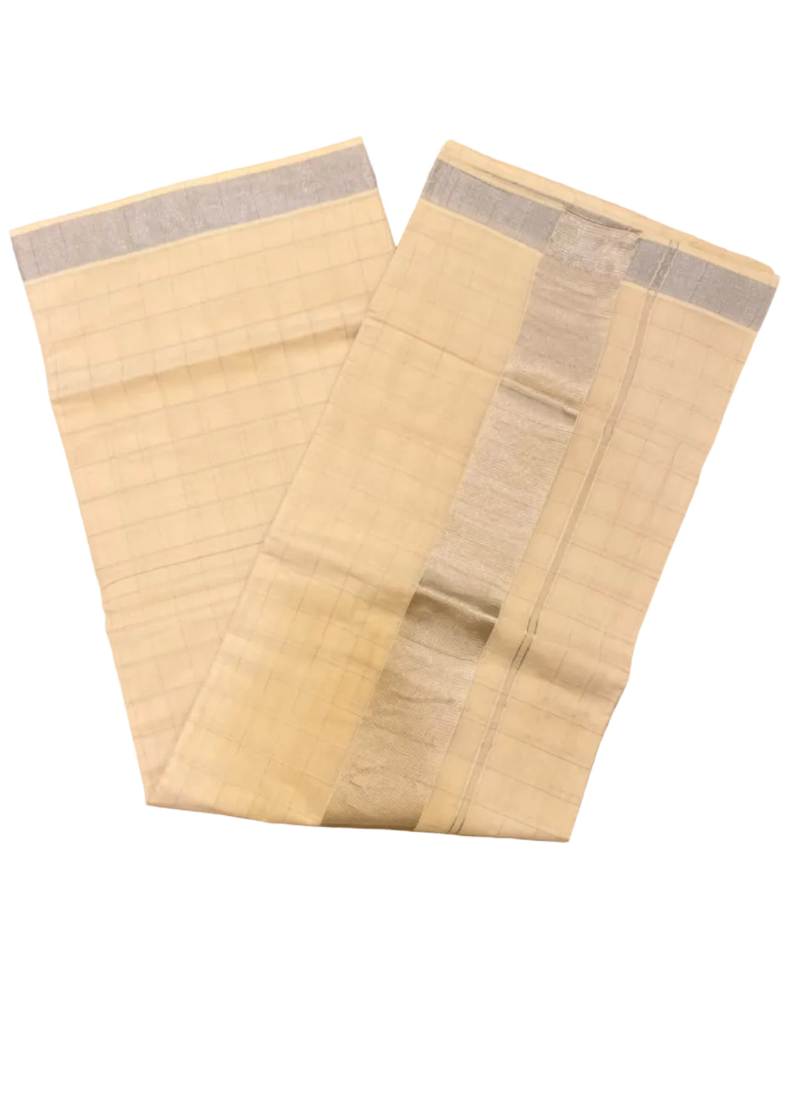 Southloom Kerala Cotton Saree With Check Designs On The Body And Silver Kasavu On Borders