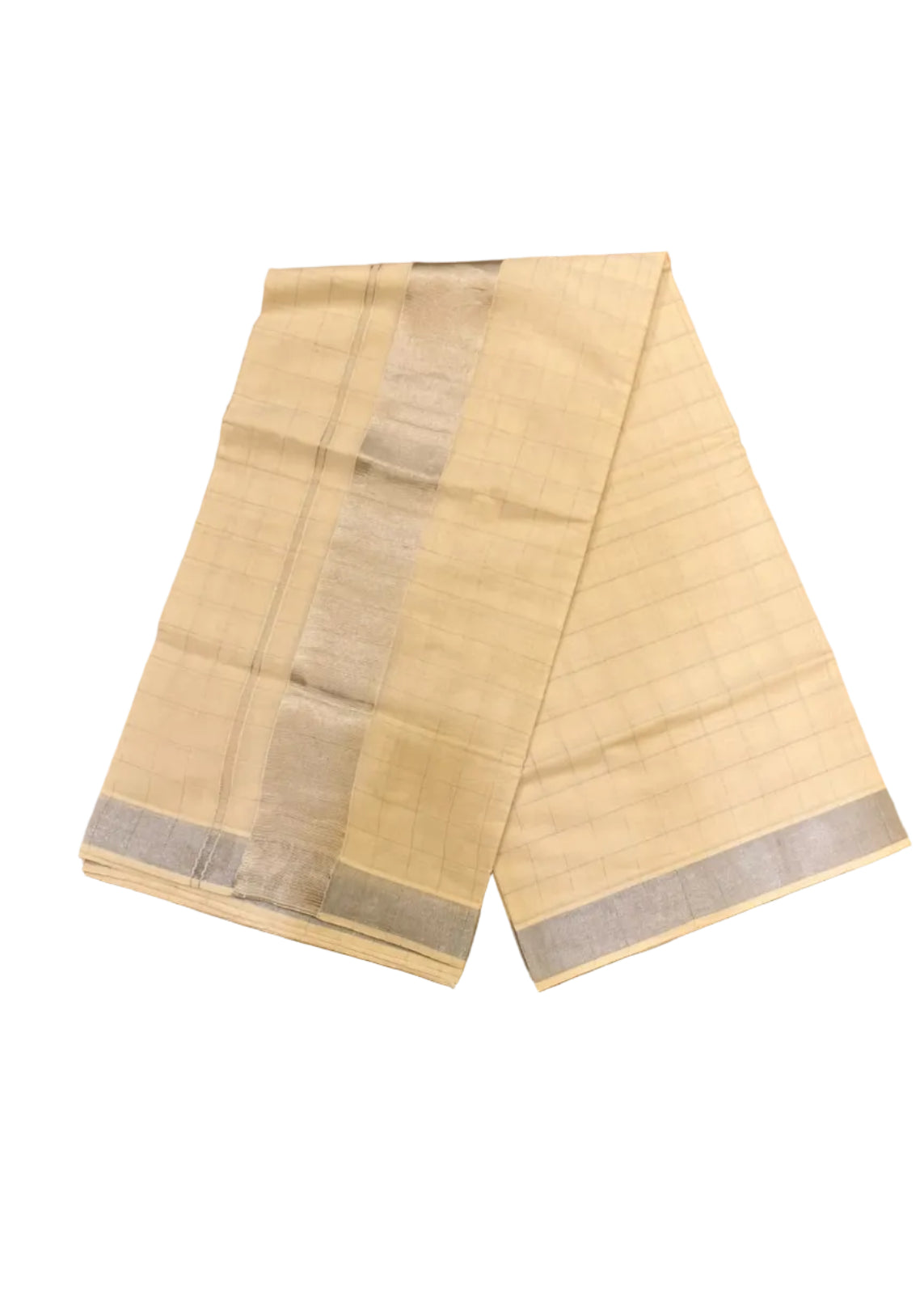 Southloom Kerala Cotton Saree With Check Designs On The Body And Silver Kasavu On Borders