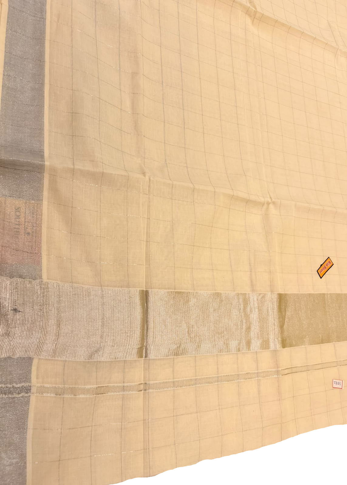 Southloom Kerala Cotton Saree With Check Designs On The Body And Silver Kasavu On Borders