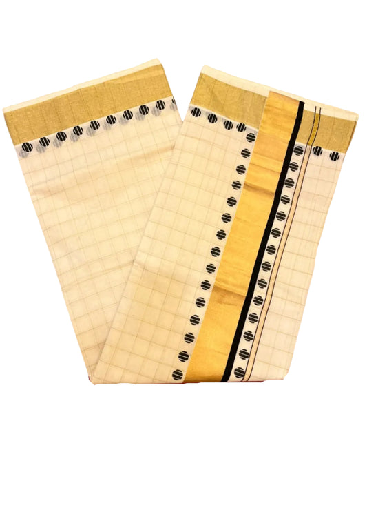 Southloom Kerala Cotton Kasavu Saree With Check Design On Body And Black Polka Dot Design On Borders