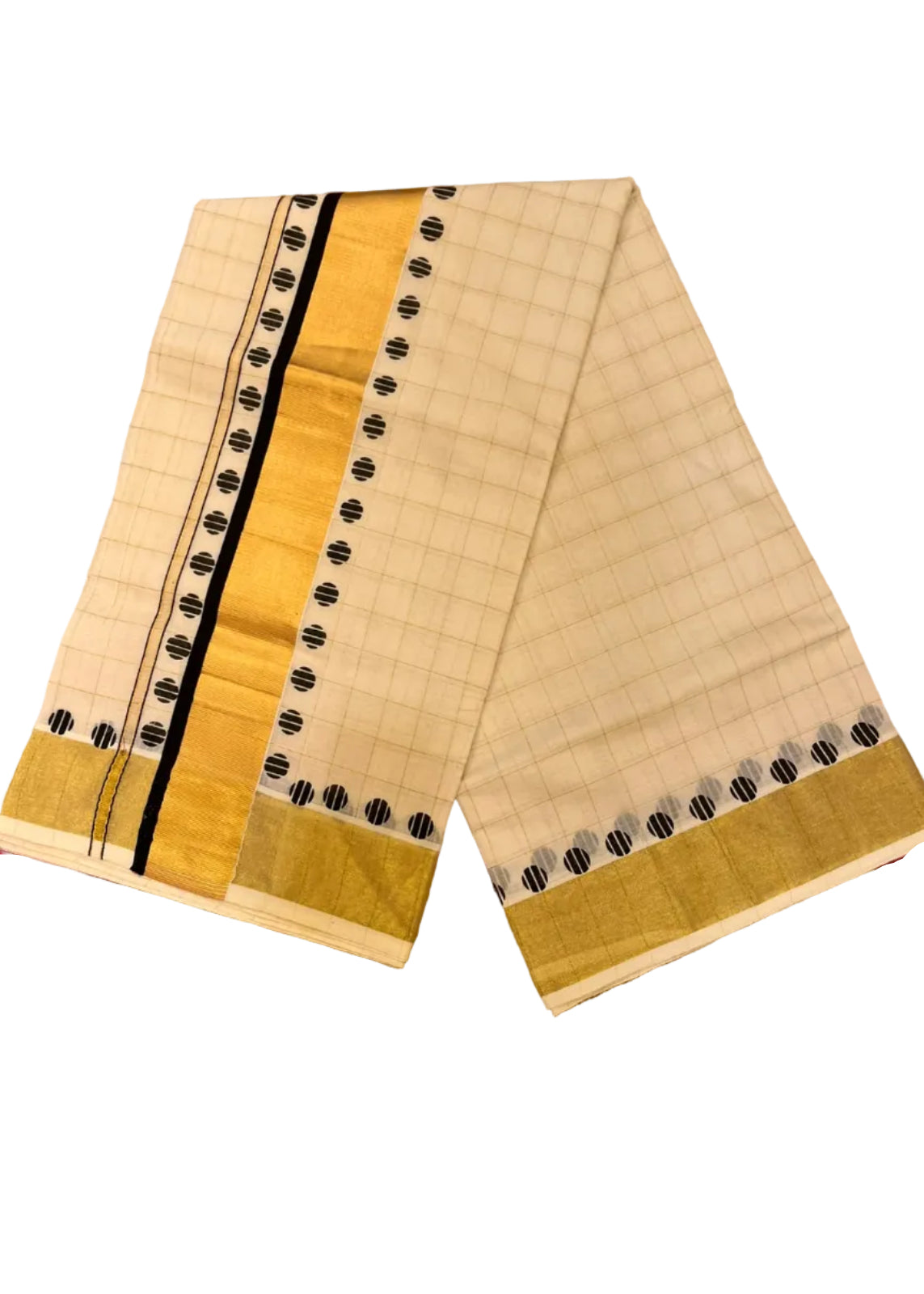 Southloom Kerala Kasavu Check Saree With Black Polka Dot Border Design
