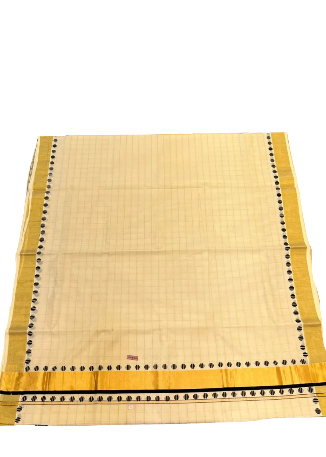 Southloom Kerala Kasavu Check Saree With Black Polka Dot Border Design