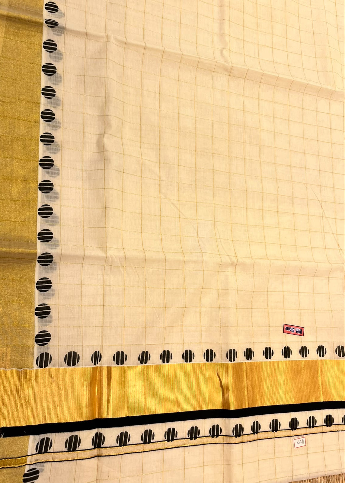 Southloom Kerala Kasavu Check Saree With Black Polka Dot Border Design