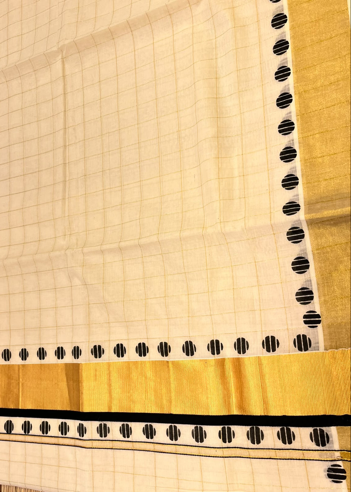 Southloom Kerala Kasavu Check Saree With Black Polka Dot Border Design