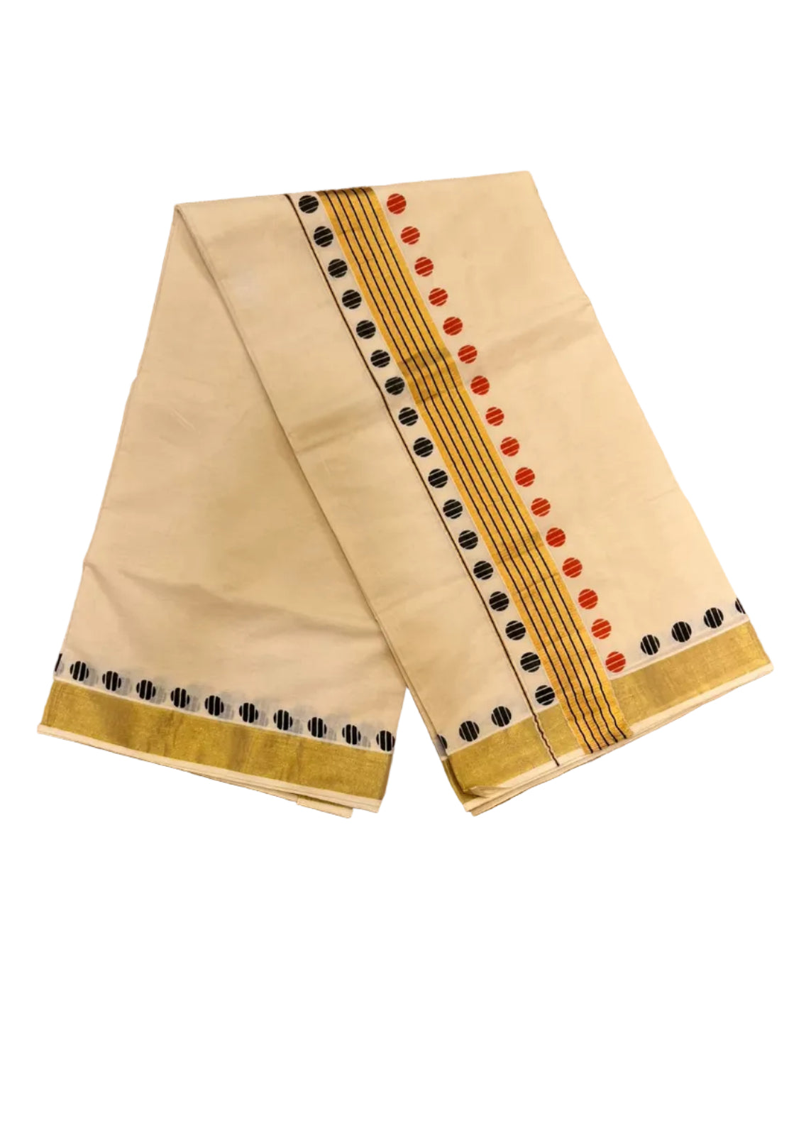 Southloom Kerala Cotton Kasavu Saree With Red And Black Polka Dot Border