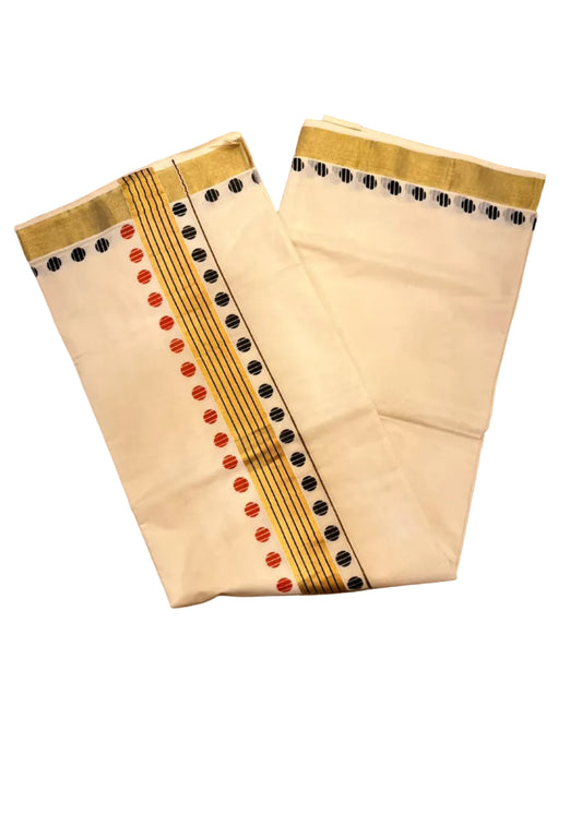 Southloom Kerala Cotton Kasavu Saree With Red And Black Polka Dot Borders