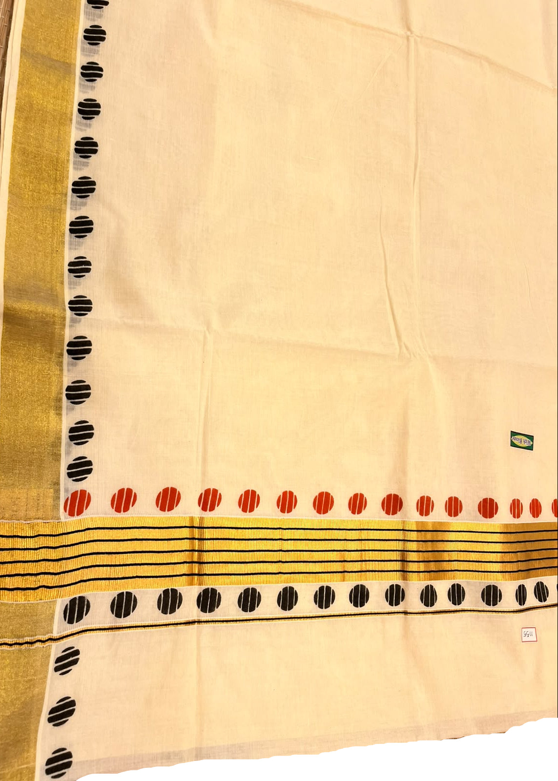 Southloom Kerala Cotton Kasavu Saree With Red And Black Polka Dot Border