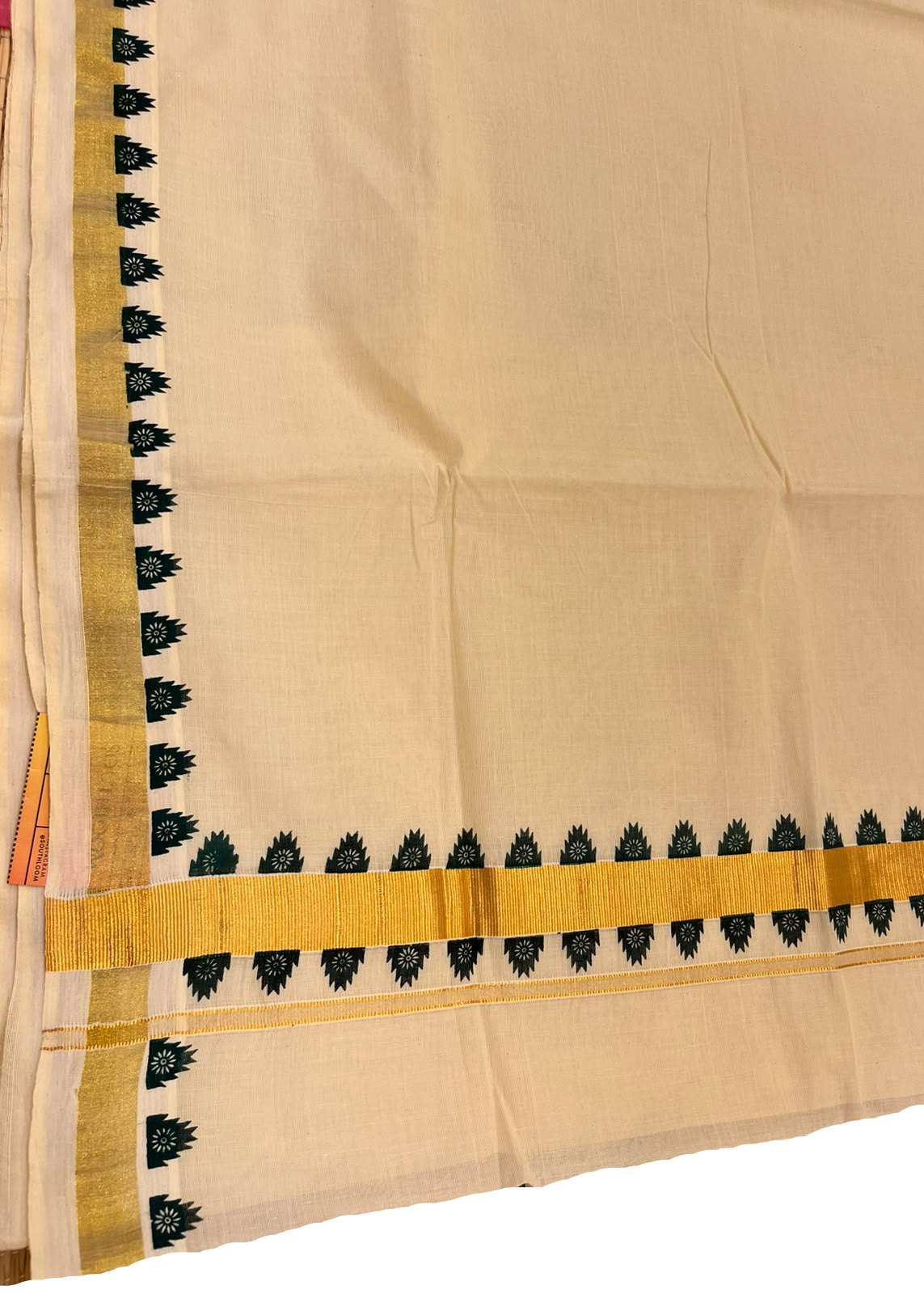 Southloom Kerala Cotton Kasavu Saree With Green Printed Design On Borders