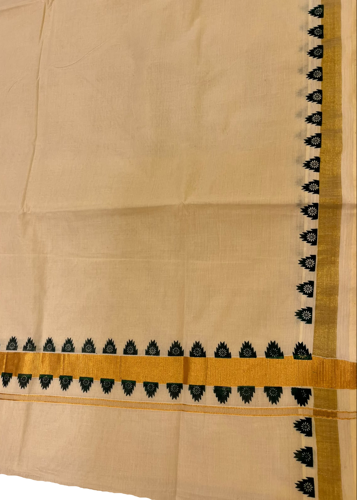 Southloom Kerala Cotton Kasavu Saree With Green Printed Design On Borders