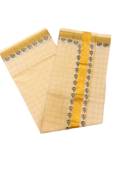 Southloom Kerala Cotton Saree With Check Design On Body And Black Printed Design On Borders