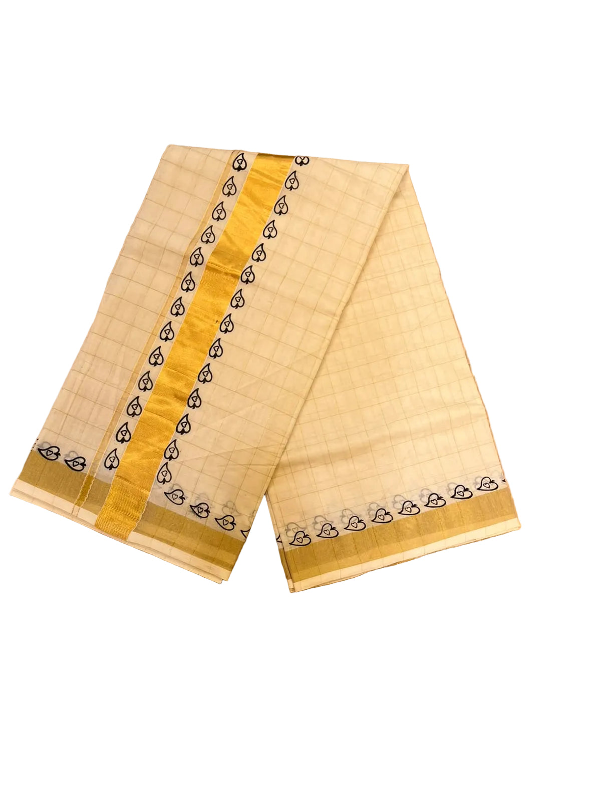 Southloom Checked Kerala Cotton Saree With Black Print
