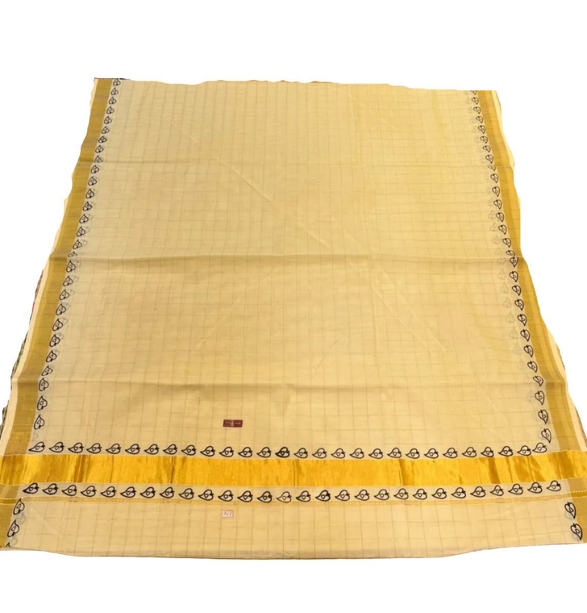 Southloom Checked Kerala Cotton Saree With Black Print