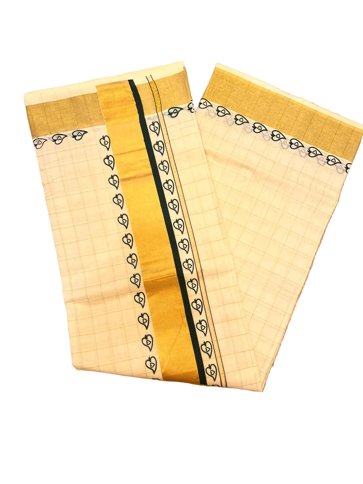 Southloom Checked Kerala Kasavu Saree with Dark Green and Black Heart Border