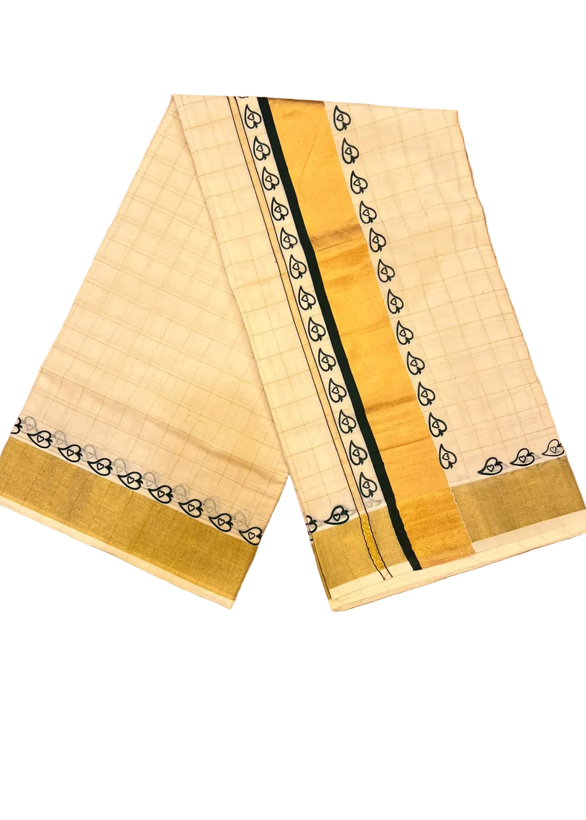 Southloom Checked Kerala Kasavu Saree with Dark Green and Black Heart Border