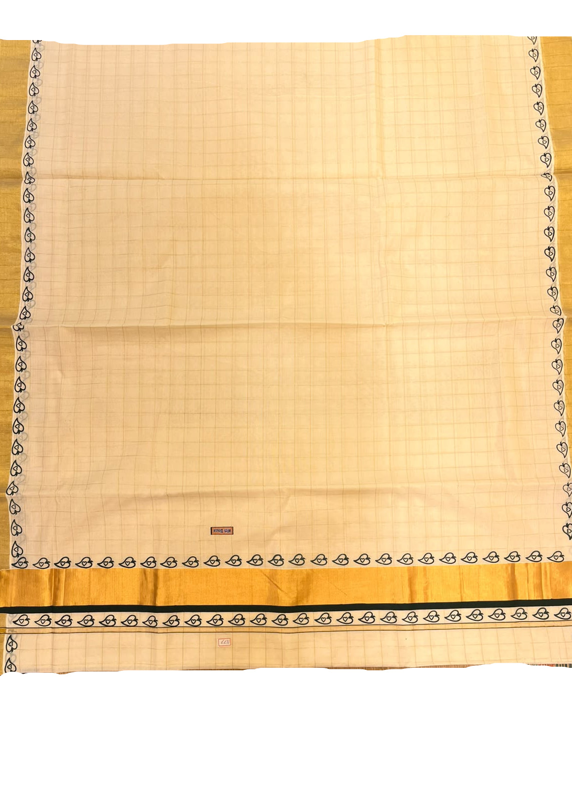 Southloom Checked Kerala Kasavu Saree with Dark Green and Black Heart Border