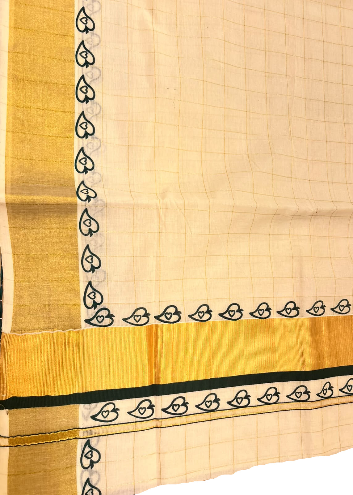 Southloom Checked Kerala Kasavu Saree with Dark Green and Black Heart Border