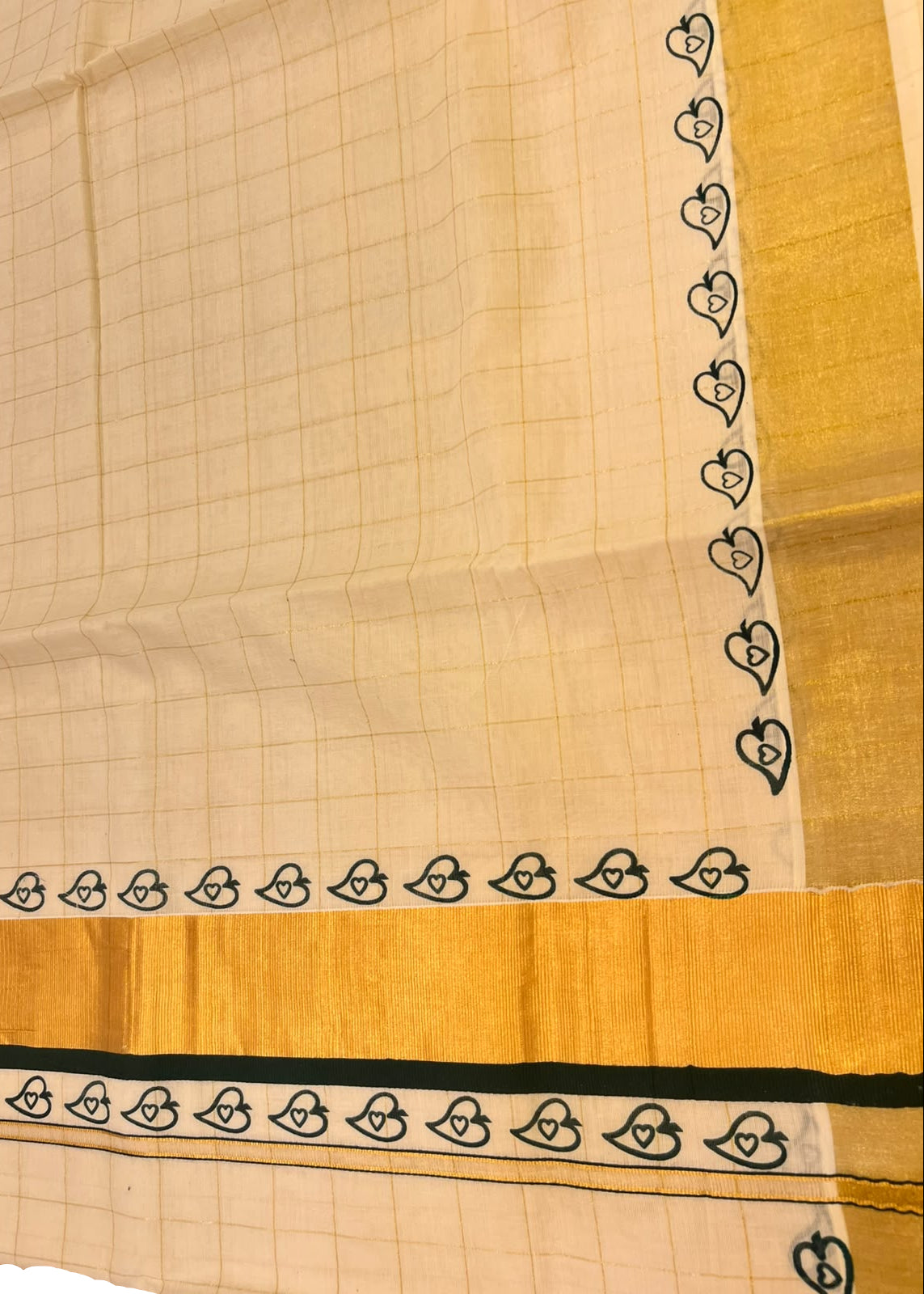 Southloom Checked Kerala Kasavu Saree with Dark Green and Black Heart Border