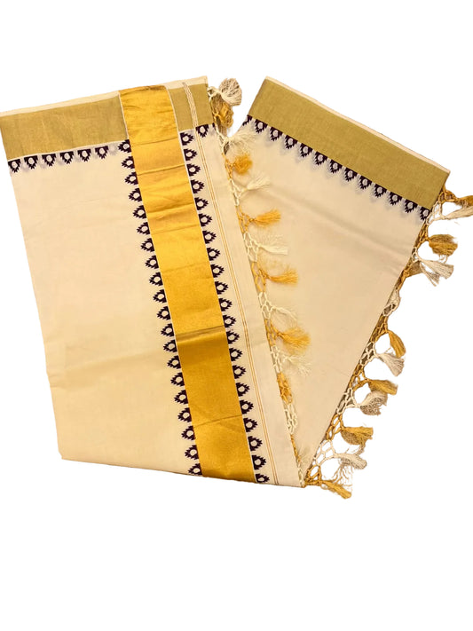 Southloom Cotton Kerala Kasavu Saree With Purple Print