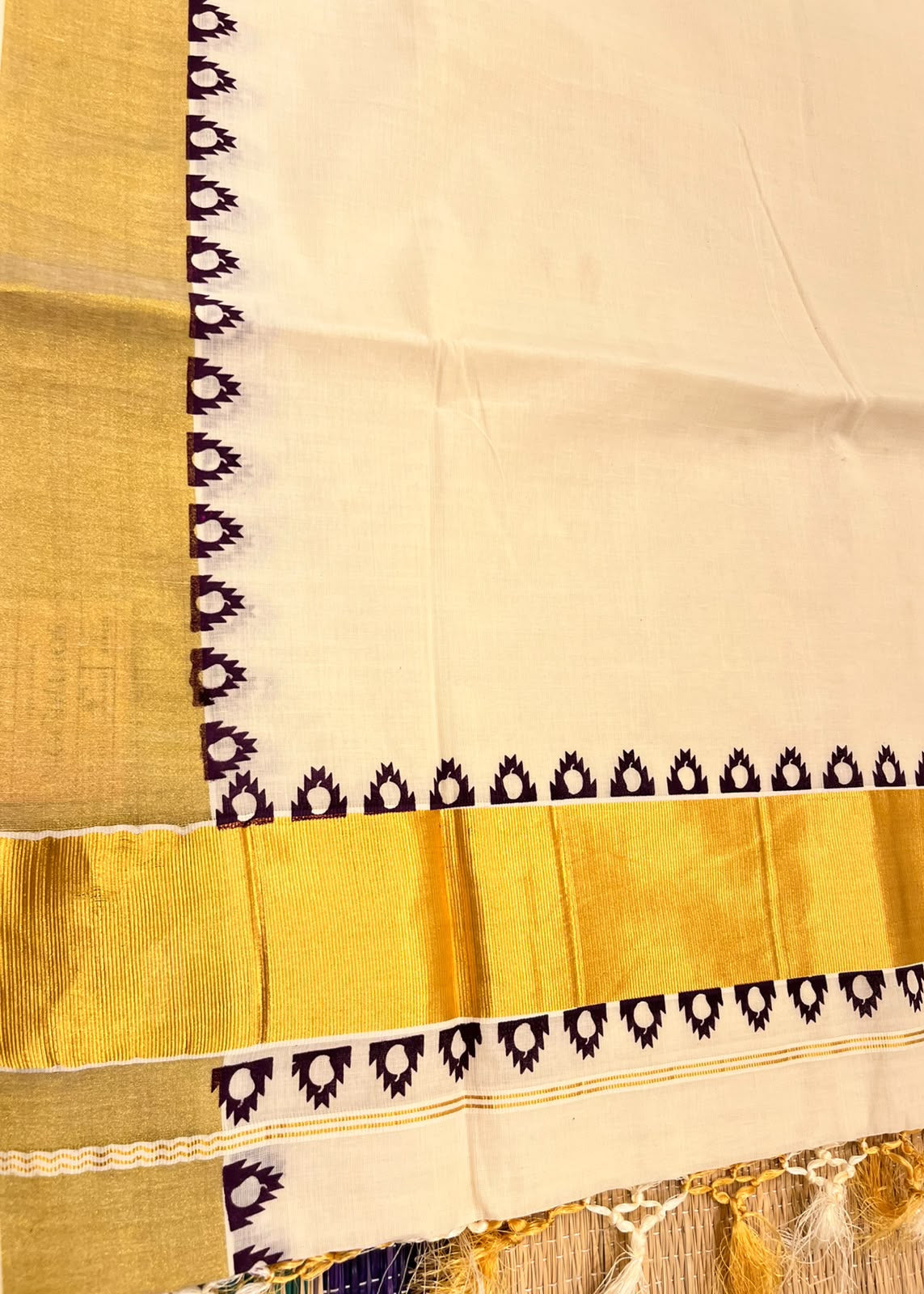 Southloom Cotton Kerala Kasavu Saree With Purple Print