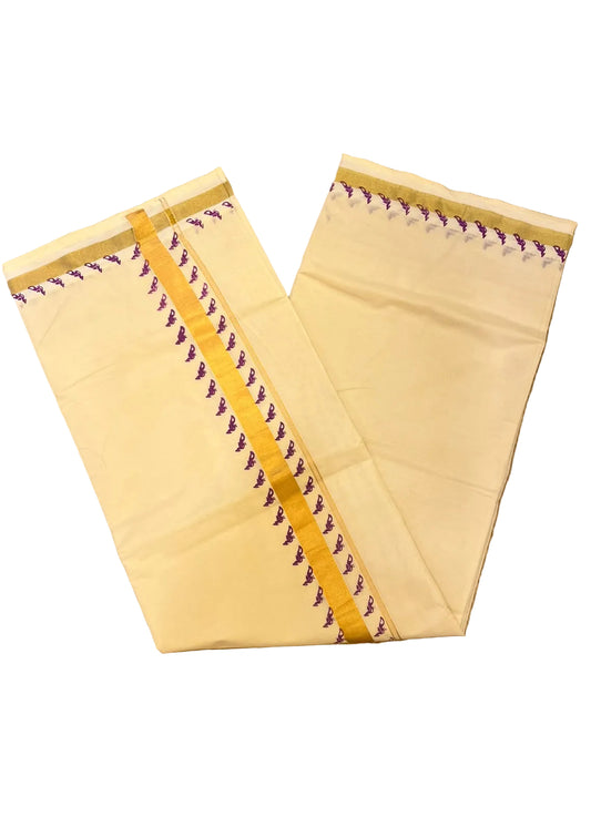Southloom Cotton Kerala Saree with Golden Zari and Purple