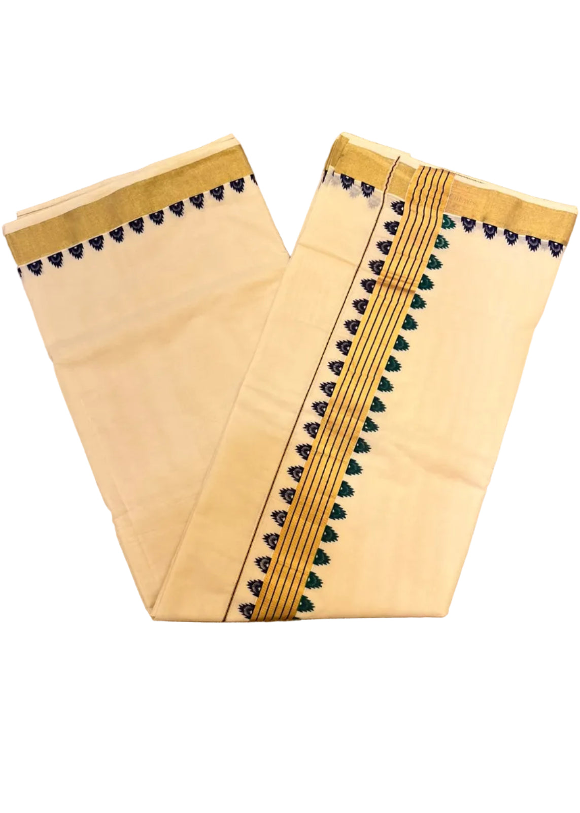 Southloom Kerala Kasavu Saree with Double-Color Green and Purple Temple Border
