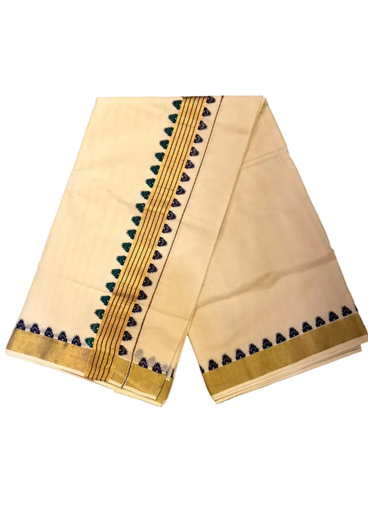 Southloom Kerala Kasavu Saree with Double-Color Green and Purple Temple Border